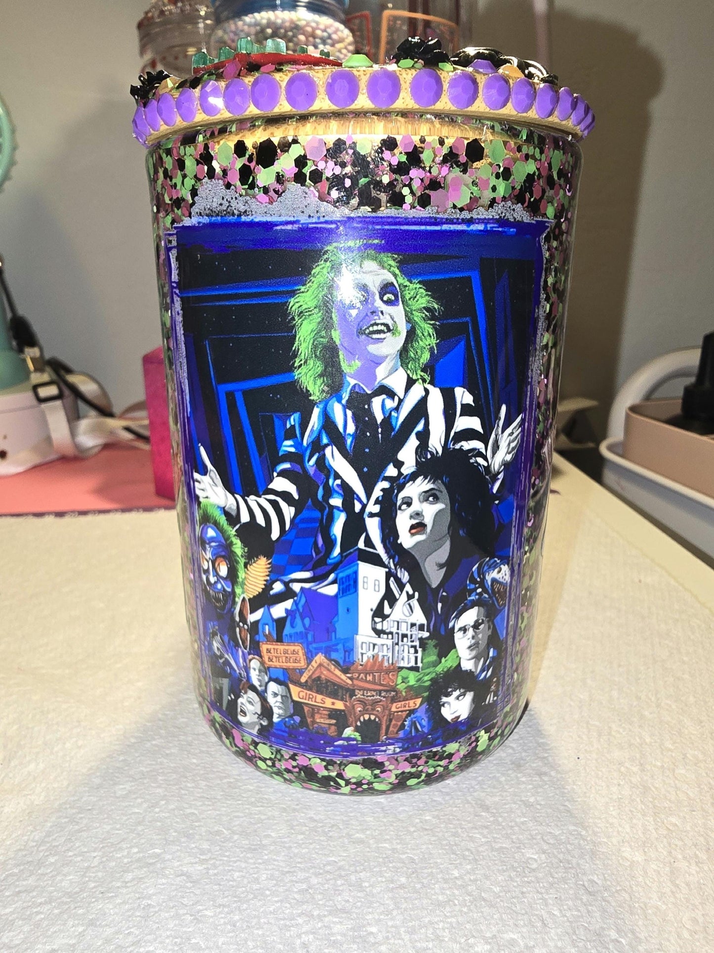 Beetlejuice glass tumbler mug