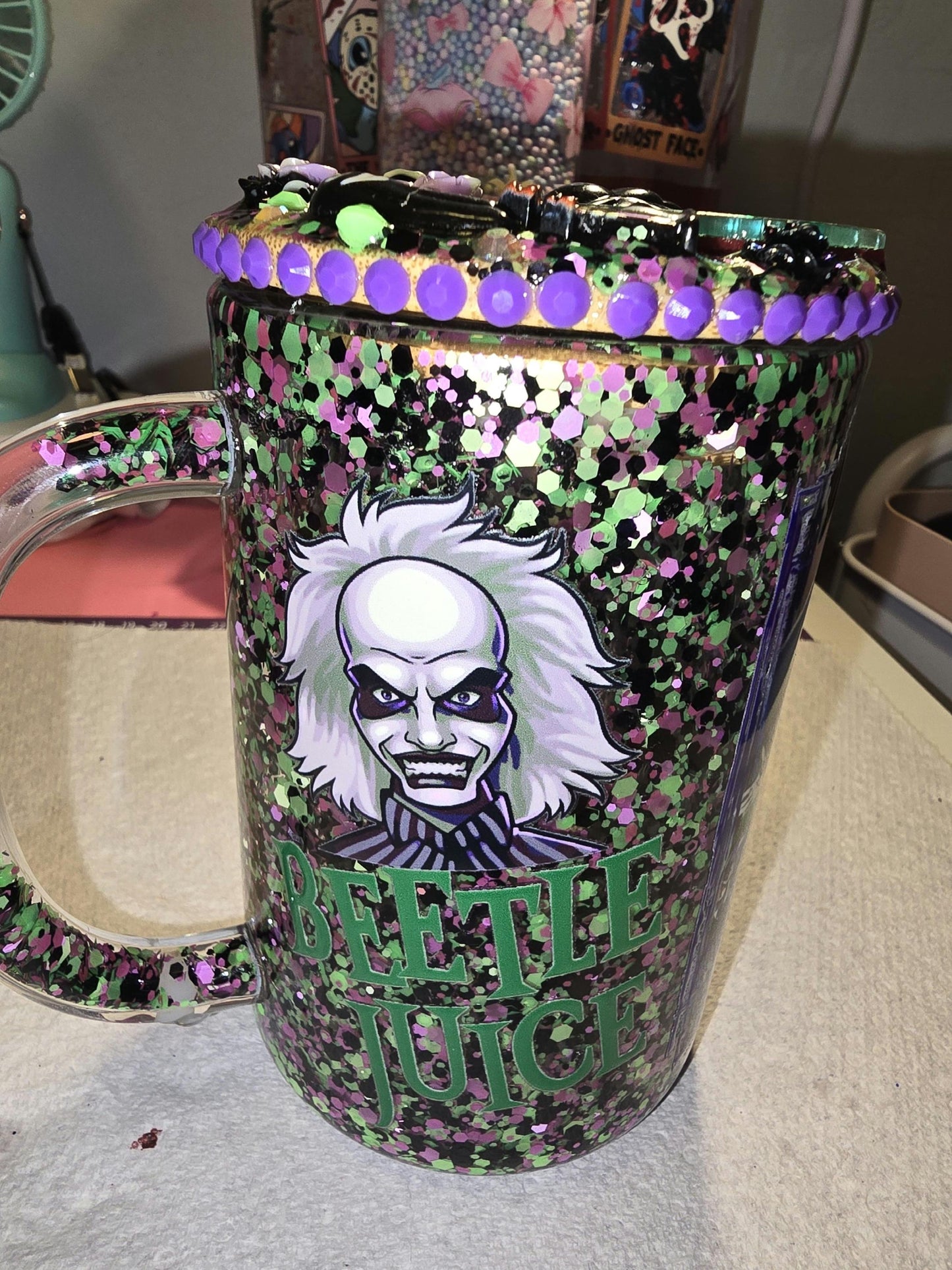 Beetlejuice glass tumbler mug