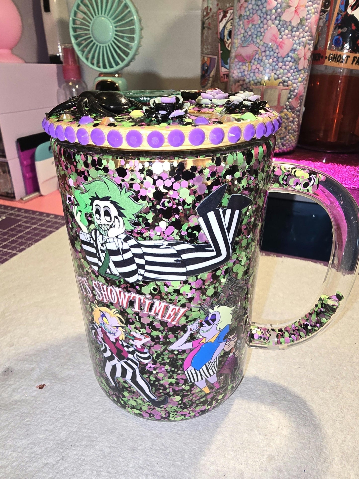 Beetlejuice glass tumbler mug