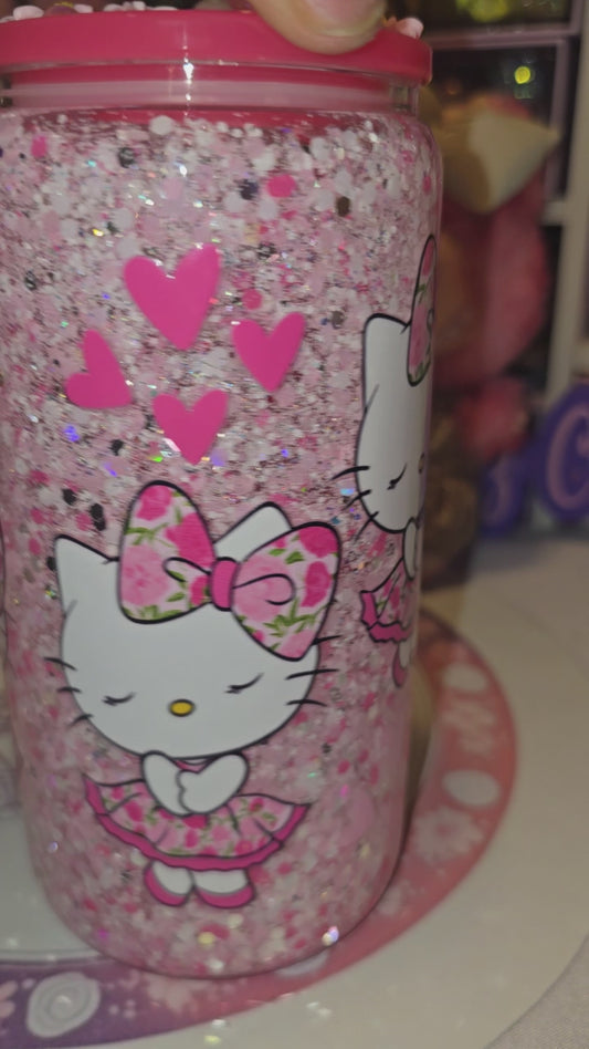 Cutesy pink HK glass snowglobe tumbler
